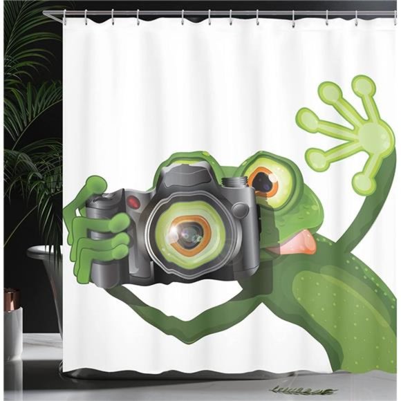 Funny Photographer Merry Green Frog Cloth Fabric Bathroom Decor Set with Hooks - Picture 2 of 4